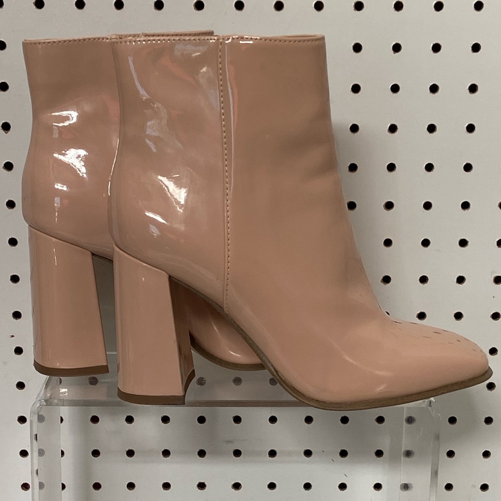 Jennifer Lopez | Beige Shoes | Women Patent Ankle Boots High Block Heel Zipper